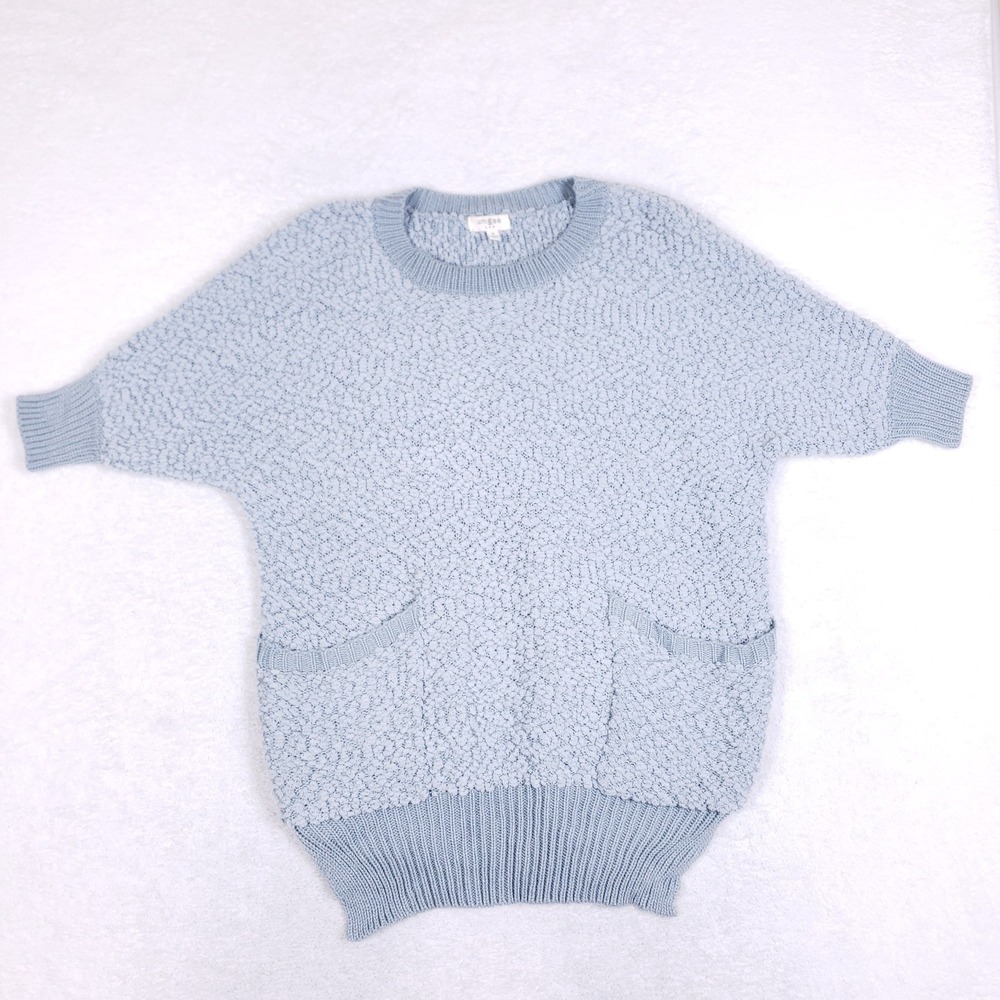 Umgee Popcorn Knit Sweater M Dolman Short Sleeve Blue Front Pockets Oversized‎
